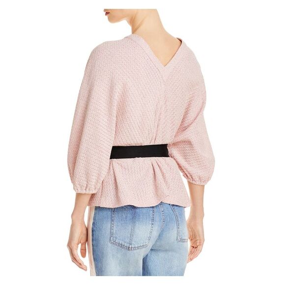 HELLESSY Womens Pink Button Tie Belt Unlined Dolman Sleeve V Neck Peplum Top XL - Picture 2 of 3